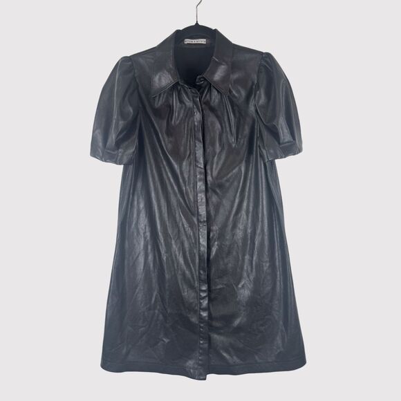 Alice Olivia Womens Dress Black Jem Vegan Leather Mini Puffed Shirtdress Medium - Picture 2 of 12